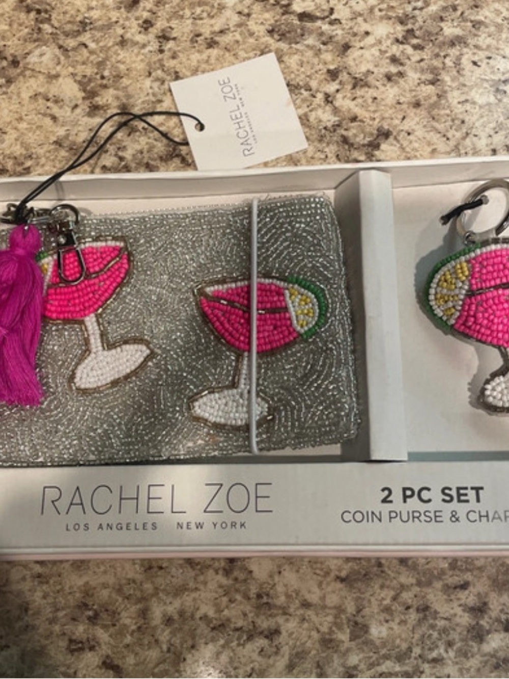 Rachel Zoe Silver Beaded Coin Purse & Pink Cocktail Charm - Picture 2 of 4